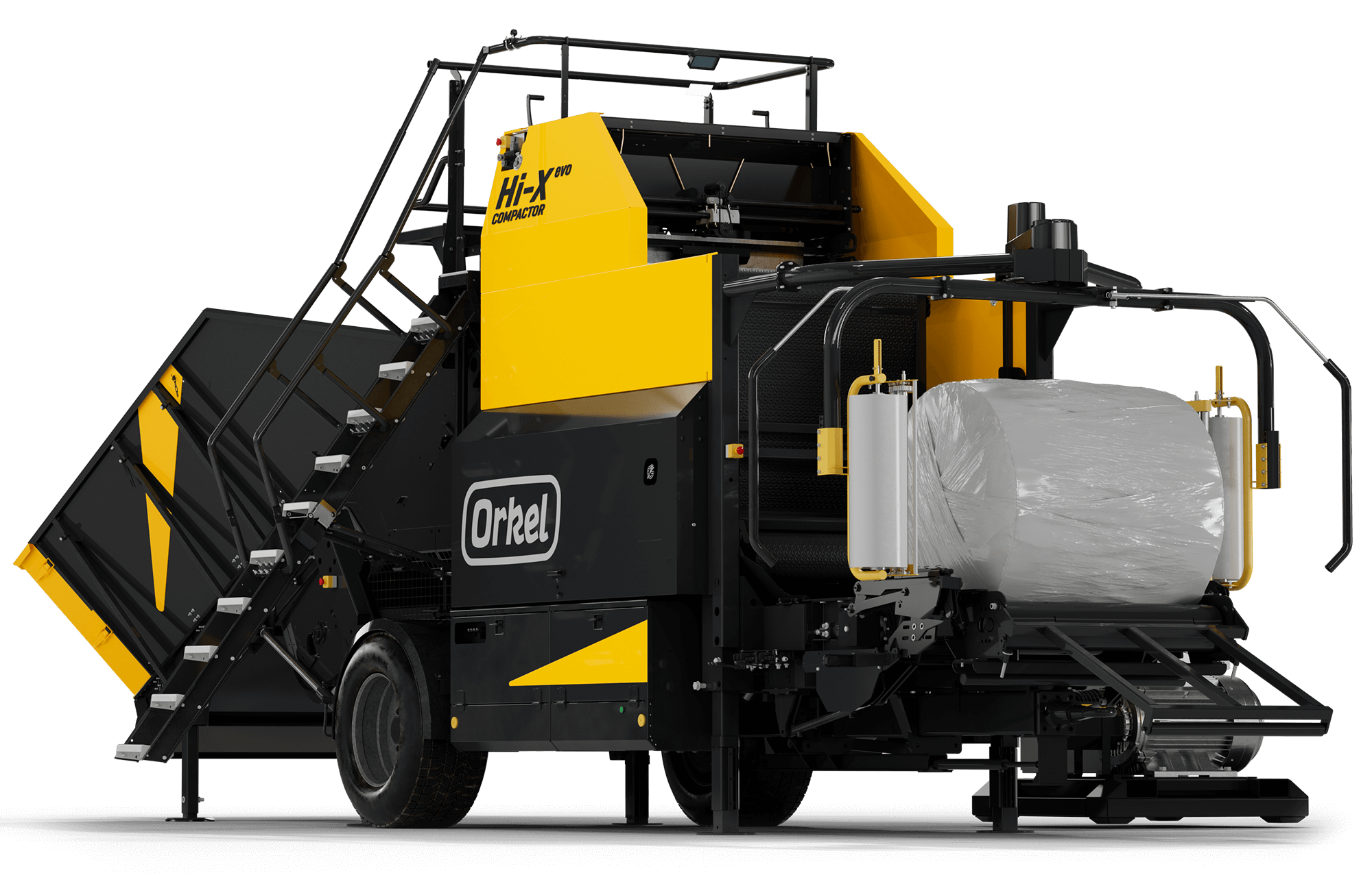 3D image of a yellow Orkel compactor with a round bale on the wrapping table