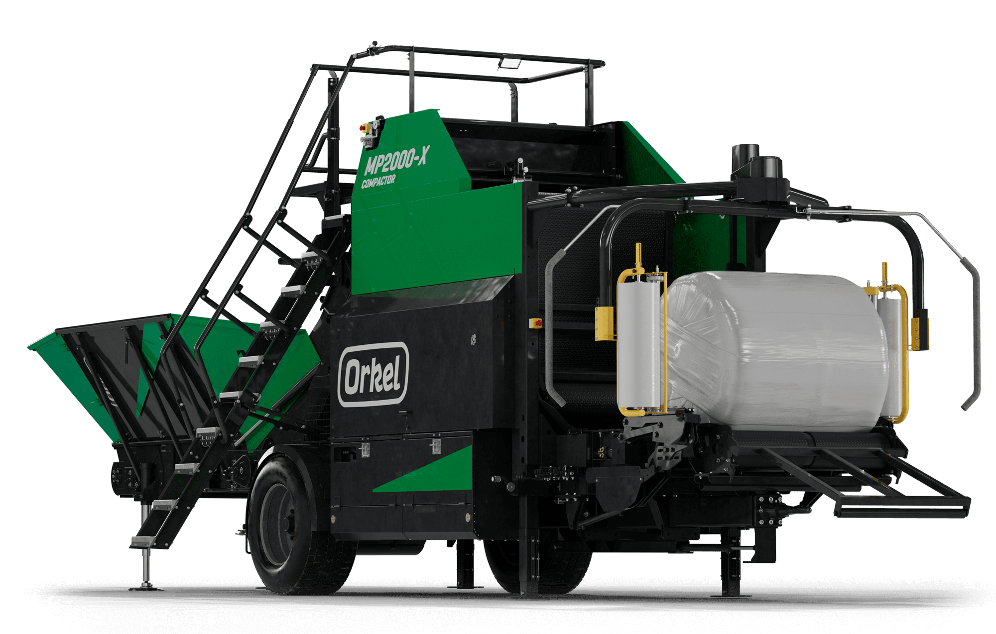 3D image of a green Orkel compactor with a round bale on the wrapping table
