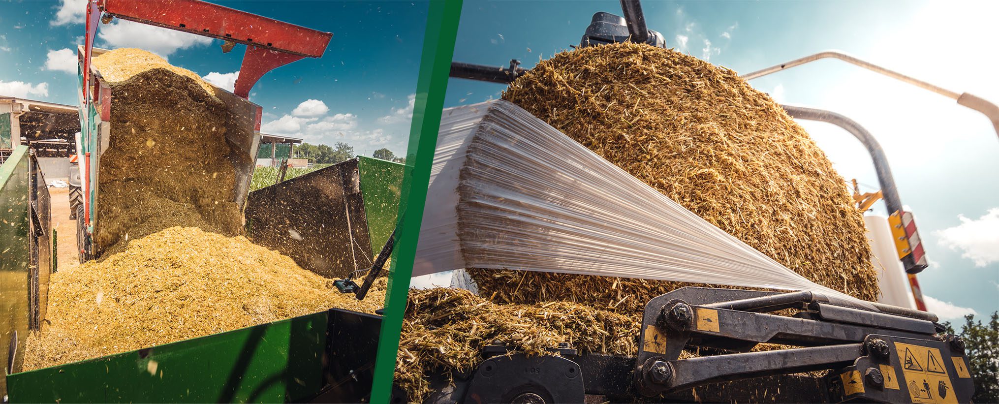Image split in two, showing a trailer dumping feed into a Orkel compactor on the left and a round bale being wrapped in plastic on the right
